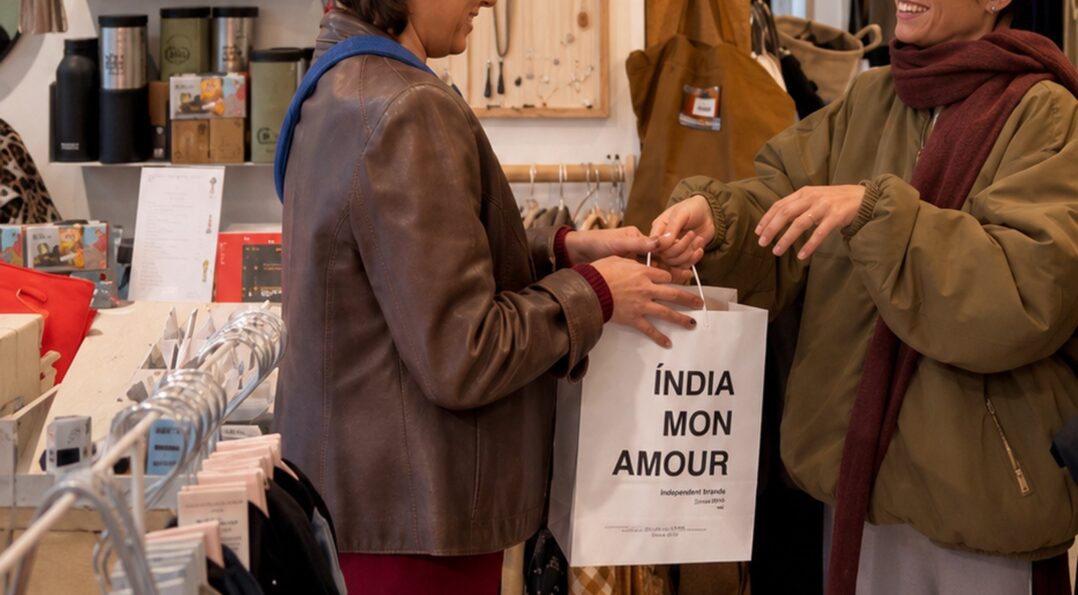 Una clienta recibe su bolsa de India Mon Amour, compras en la concept store de Sitges