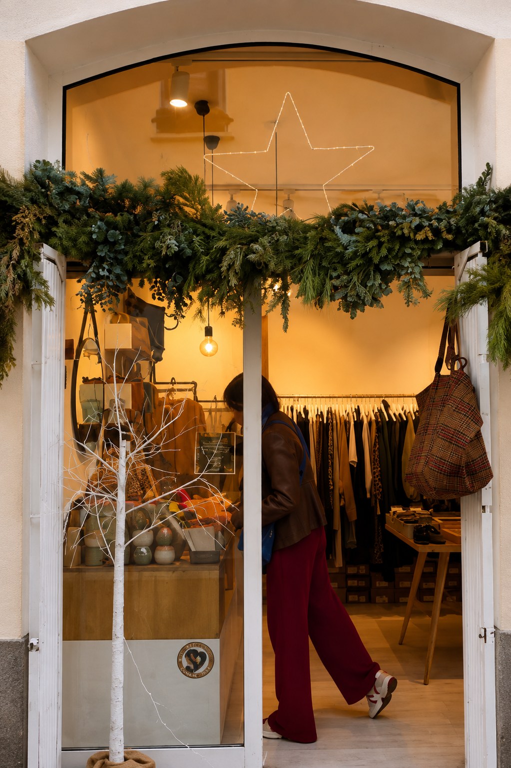 Escaparate de la concept store India Mon Amour con estrella de luces en el casco antiguo de Sitges