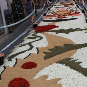 Alfombra de flores multicolor durante el Corpus de Sitges en el casco antiguo