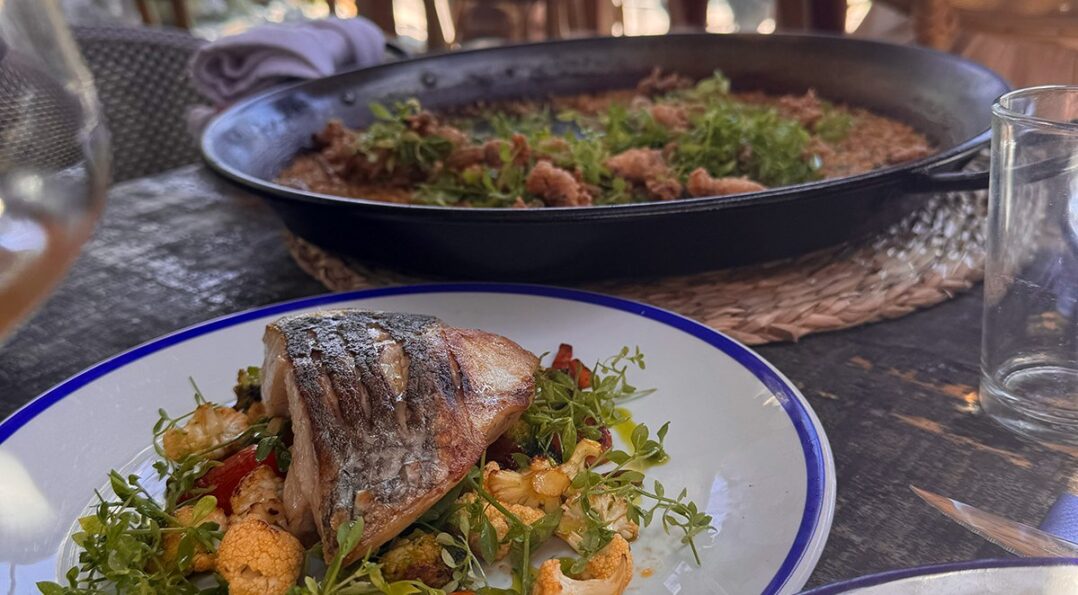 Terraza de un restaurante de Sitges con pescado a la plancha y arròs a la sitgetana para compartir