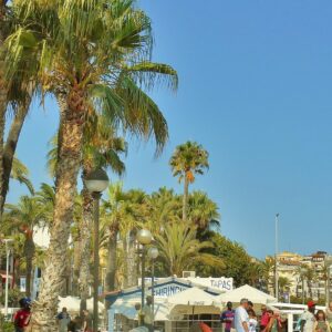 Passeig de la Ribera con palmeras y la iglesia, una zona céntrica donde alojarse en Sitges