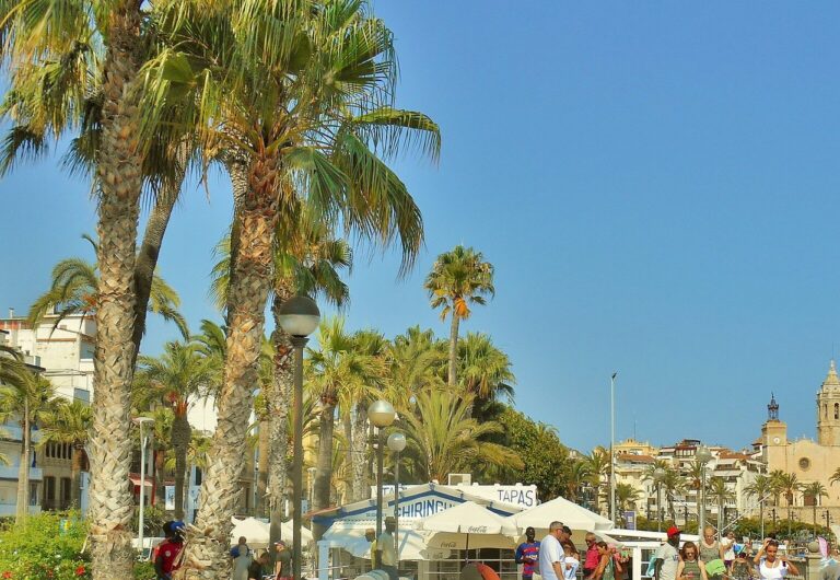 Passeig de la Ribera con palmeras y la iglesia, una zona céntrica donde alojarse en Sitges