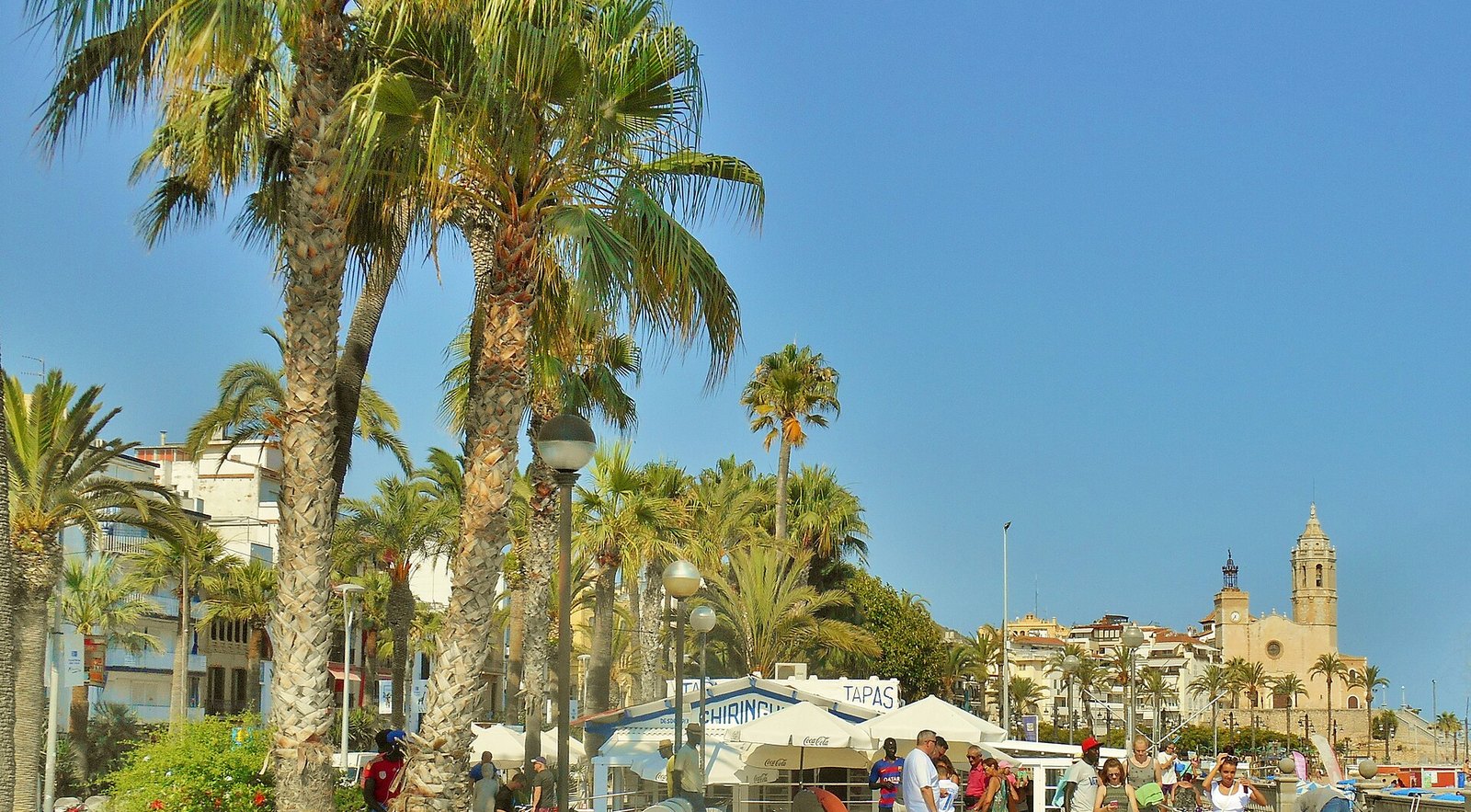 Passeig de la Ribera con palmeras y la iglesia, una zona céntrica donde alojarse en Sitges